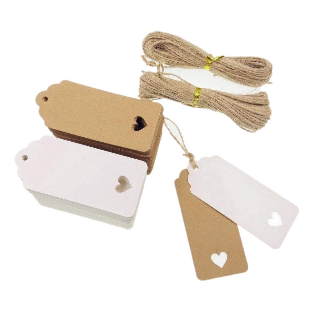 100 White 100 Brown Heart Kraft Paper Gift Tags 40M Jute Twine Str JZK