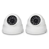 2 gefälschte Überwachungs-Sicherheits-CCTV-Kuppelkameras mit blinkenden LEDs. Echte Nachahmung der Heimsicherheit