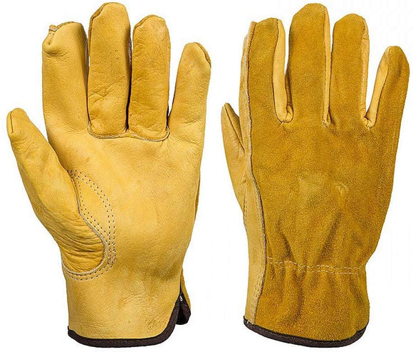 JZK Robuste, extra große, dornensichere Gartenhandschuhe für Herren, Arbeitshandschuhe aus gelbem Leder, Vollfinger-Gartenhandschuhe, XL